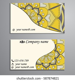 Visiting card and business card set with mandala design element logo. Abstract oriental Layout. Front page and back page