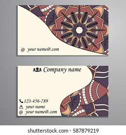 Visiting card and business card set with mandala design element logo. Abstract oriental Layout. Front page and back page