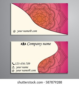 Visiting card and business card set with mandala design element logo. Abstract oriental Layout. Front page and back page