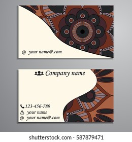 Visiting card and business card set with mandala design element logo. Abstract oriental Layout. Front page and back page