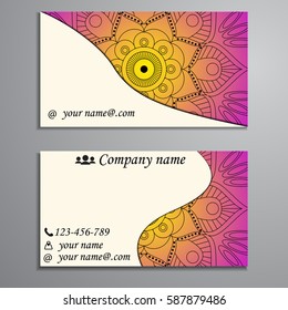 Visiting card and business card set with mandala design element logo. Abstract oriental Layout. Front page and back page