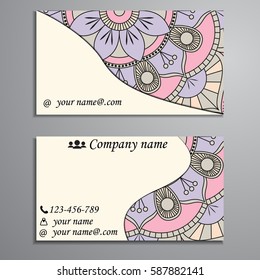 Visiting card and business card set with mandala design element logo. Abstract oriental Layout. Front page and back page
