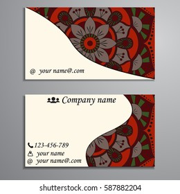 Visiting card and business card set with mandala design element logo. Abstract oriental Layout. Front page and back page