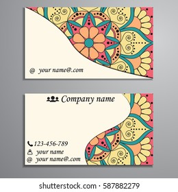 Visiting card and business card set with mandala design element logo. Abstract oriental Layout. Front page and back page