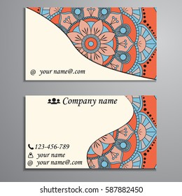 Visiting card and business card set with mandala design element logo. Abstract oriental Layout. Front page and back page