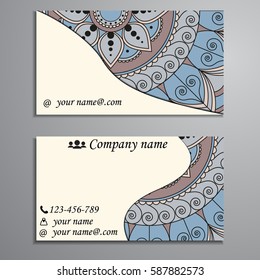Visiting card and business card set with mandala design element logo. Abstract oriental Layout. Front page and back page
