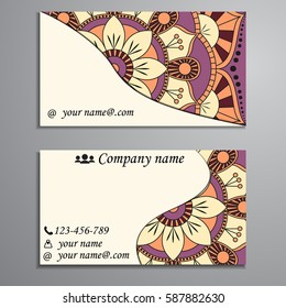 Visiting card and business card set with mandala design element logo. Abstract oriental Layout. Front page and back page