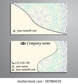 Visiting card and business card set with mandala design element logo. Abstract oriental Layout. Front page and back page