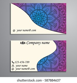 Visiting card and business card set with mandala design element logo. Abstract oriental Layout. Front page and back page