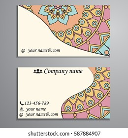 Visiting card and business card set with mandala design element logo. Abstract oriental Layout. Front page and back page