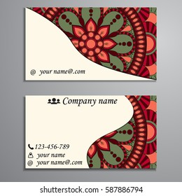 Visiting card and business card set with mandala design element logo. Abstract oriental Layout. Front page and back page