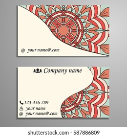 Visiting card and business card set with mandala design element logo. Abstract oriental Layout. Front page and back page