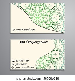 Visiting card and business card set with mandala design element logo. Abstract oriental Layout. Front page and back page