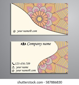 Visiting card and business card set with mandala design element logo. Abstract oriental Layout. Front page and back page