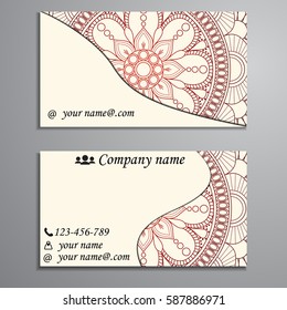 Visiting card and business card set with mandala design element logo. Abstract oriental Layout. Front page and back page