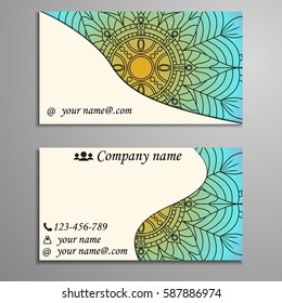 Visiting card and business card set with mandala design element logo. Abstract oriental Layout. Front page and back page