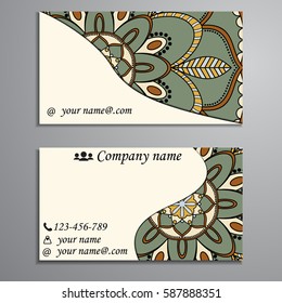 Visiting card and business card set with mandala design element logo. Abstract oriental Layout. Front page and back page