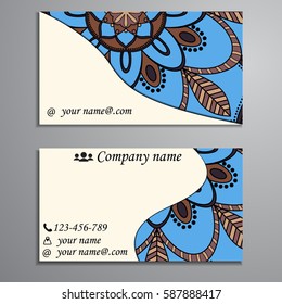 Visiting card and business card set with mandala design element logo. Abstract oriental Layout. Front page and back page