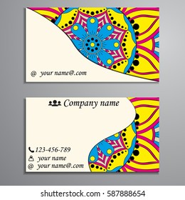 Visiting card and business card set with mandala design element logo. Abstract oriental Layout. Front page and back page