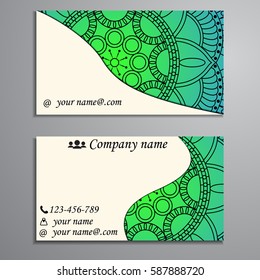 Visiting card and business card set with mandala design element logo. Abstract oriental Layout. Front page and back page