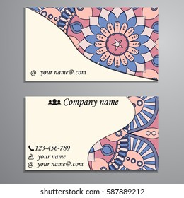 Visiting card and business card set with mandala design element logo. Abstract oriental Layout. Front page and back page