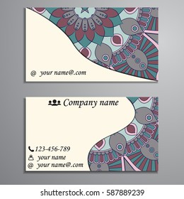 Visiting card and business card set with mandala design element logo. Abstract oriental Layout. Front page and back page