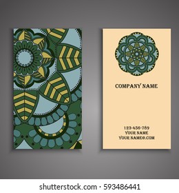 Visiting card and business card set with mandala design element logo. Abstract oriental Layout. Front page and back page