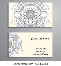 Visiting card and business card set with mandala design element logo. Abstract oriental Layout. Front page and back page