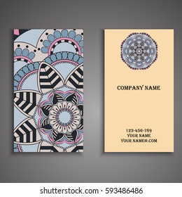 Visiting card and business card set with mandala design element logo. Abstract oriental Layout. Front page and back page