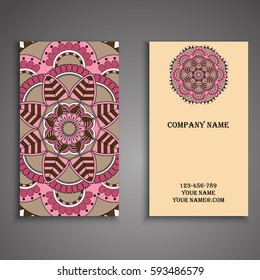 Visiting card and business card set with mandala design element logo. Abstract oriental Layout. Front page and back page