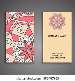 Visiting card and business card set with mandala design element logo. Abstract oriental Layout. Front page and back page