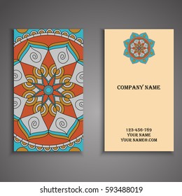 Visiting card and business card set with mandala design element logo. Abstract oriental Layout. Front page and back page