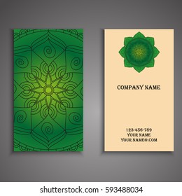 Visiting card and business card set with mandala design element logo. Abstract oriental Layout. Front page and back page