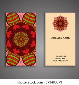 Visiting card and business card set with mandala design element logo. Abstract oriental Layout. Front page and back page