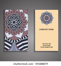 Visiting card and business card set with mandala design element logo. Abstract oriental Layout. Front page and back page