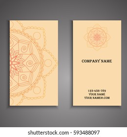 Visiting card and business card set with mandala design element logo. Abstract oriental Layout. Front page and back page