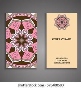 Visiting card and business card set with mandala design element logo. Abstract oriental Layout. Front page and back page