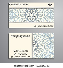Visiting card and business card set with mandala design element logo. Abstract oriental Layout. Front page and back page