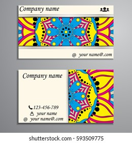 Visiting card and business card set with mandala design element logo. Abstract oriental Layout. Front page and back page