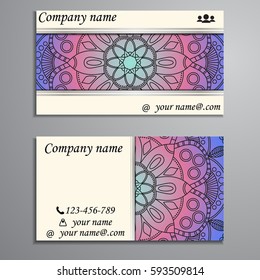 Visiting card and business card set with mandala design element logo. Abstract oriental Layout. Front page and back page
