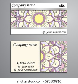 Visiting card and business card set with mandala design element logo. Abstract oriental Layout. Front page and back page