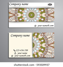 Visiting card and business card set with mandala design element logo. Abstract oriental Layout. Front page and back page
