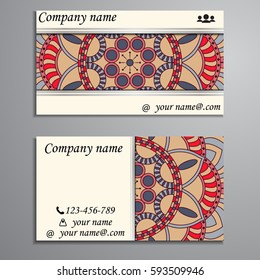 Visiting card and business card set with mandala design element logo. Abstract oriental Layout. Front page and back page