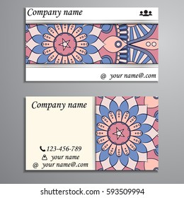 Visiting card and business card set with mandala design element logo. Abstract oriental Layout. Front page and back page