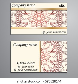 Visiting card and business card set with mandala design element logo. Abstract oriental Layout. Front page and back page