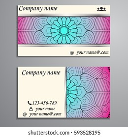 Visiting card and business card set with mandala design element logo. Abstract oriental Layout. Front page and back page