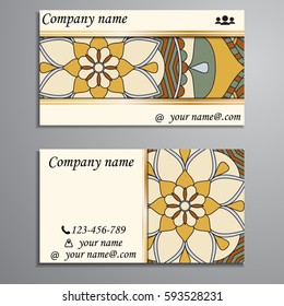 Visiting card and business card set with mandala design element logo. Abstract oriental Layout. Front page and back page