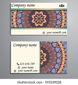 Visiting card and business card set with mandala design element logo. Abstract oriental Layout. Front page and back page
