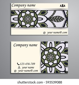 Visiting card and business card set with mandala design element logo. Abstract oriental Layout. Front page and back page