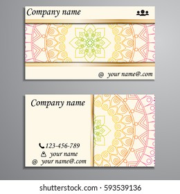 Visiting card and business card set with mandala design element logo. Abstract oriental Layout. Front page and back page